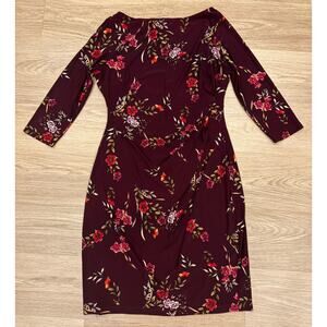 Chaps burgundy floral 3/4 sleeve dress with ruching womens size Large